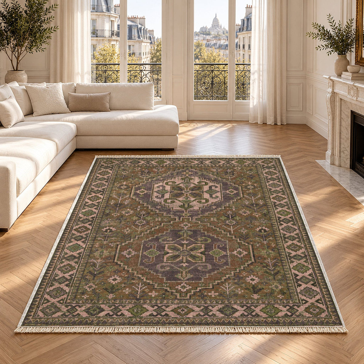 Bergama Twin Octagons Rose & Olive Anatolian Washable Rug in a bright living room