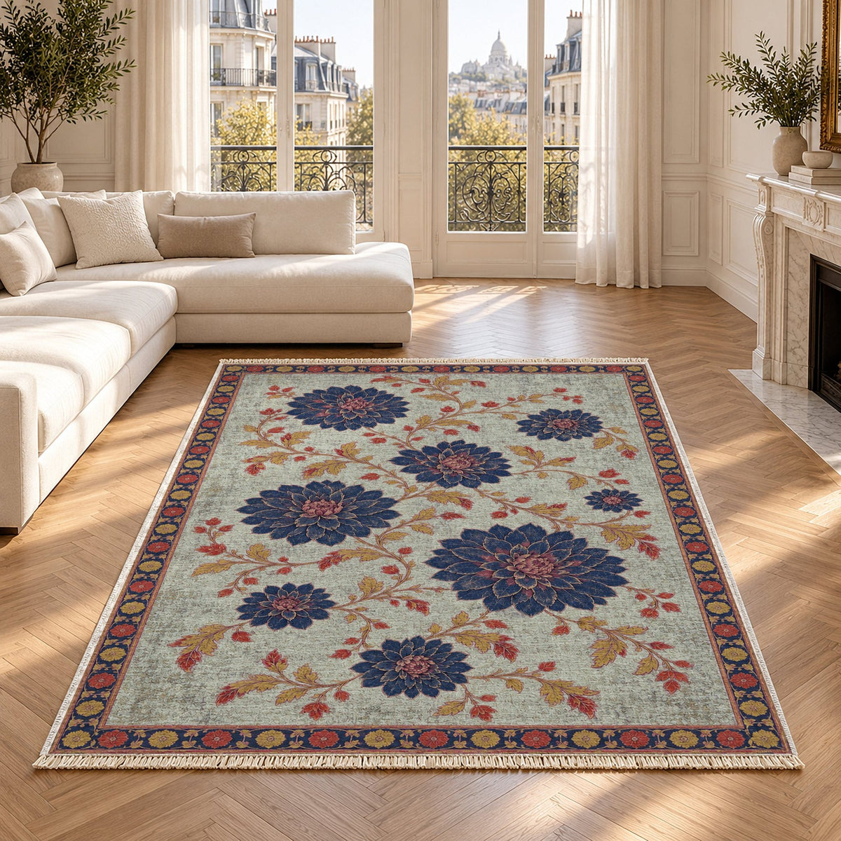 Dahlia Constellation Glacier, Ink & Vermilion Distressed Washable Rug in a bright living room