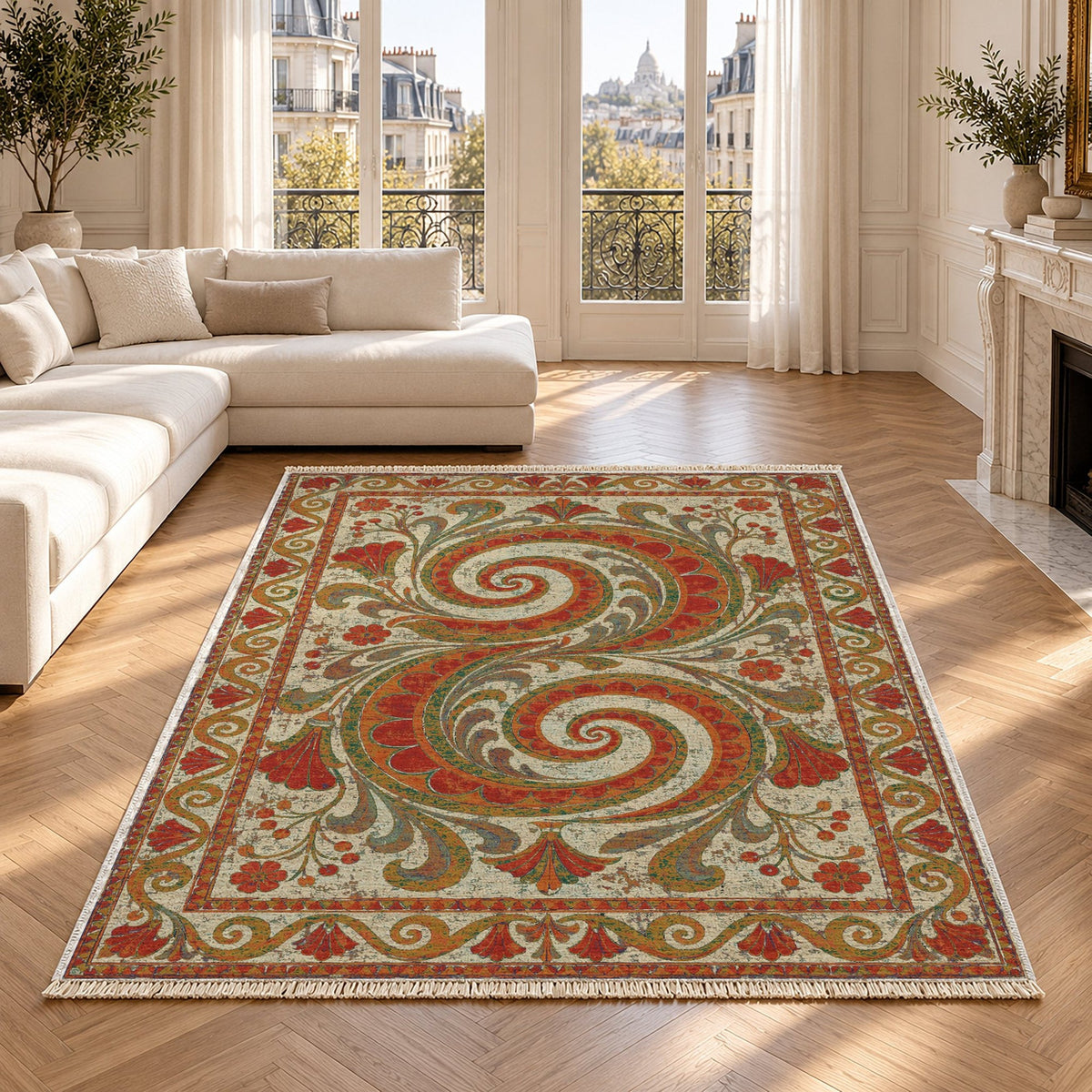 Double Spiral Emerald & Terracotta Mediterranean Washable Rug in a bright living room