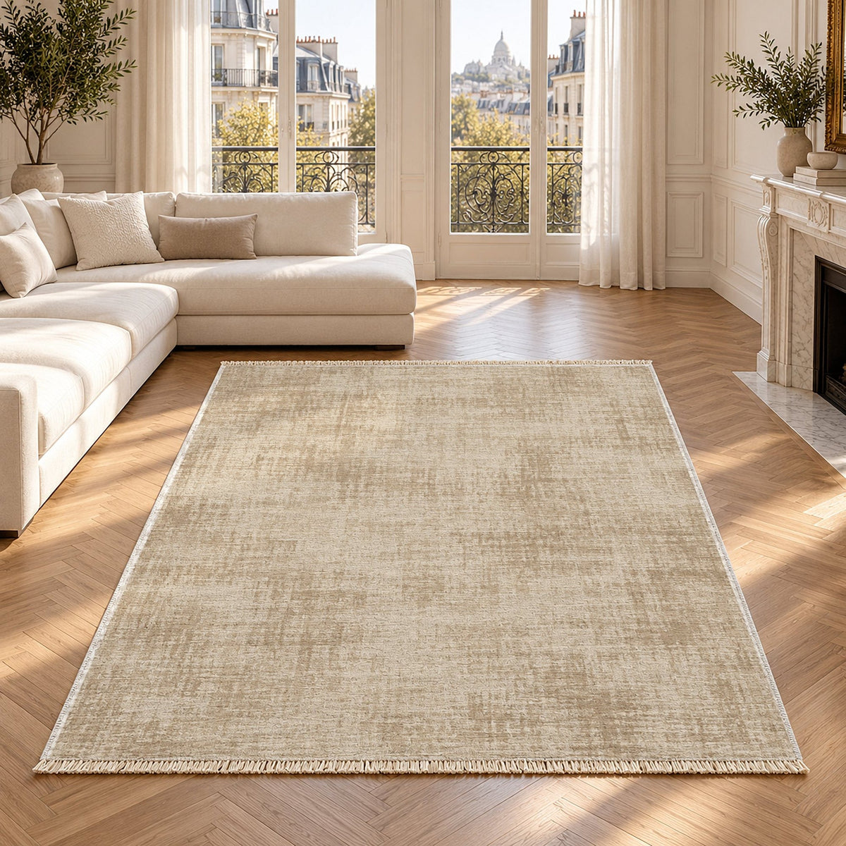 Faded Burlap Ivory & Oat Textured Washable Rug in a bright living room