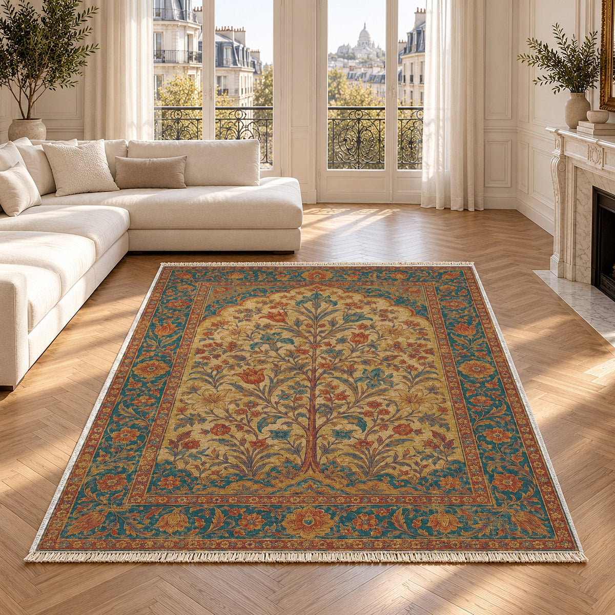 Flowering Arch Peacock & Ochre Mughal Washable Rug in a bright living room