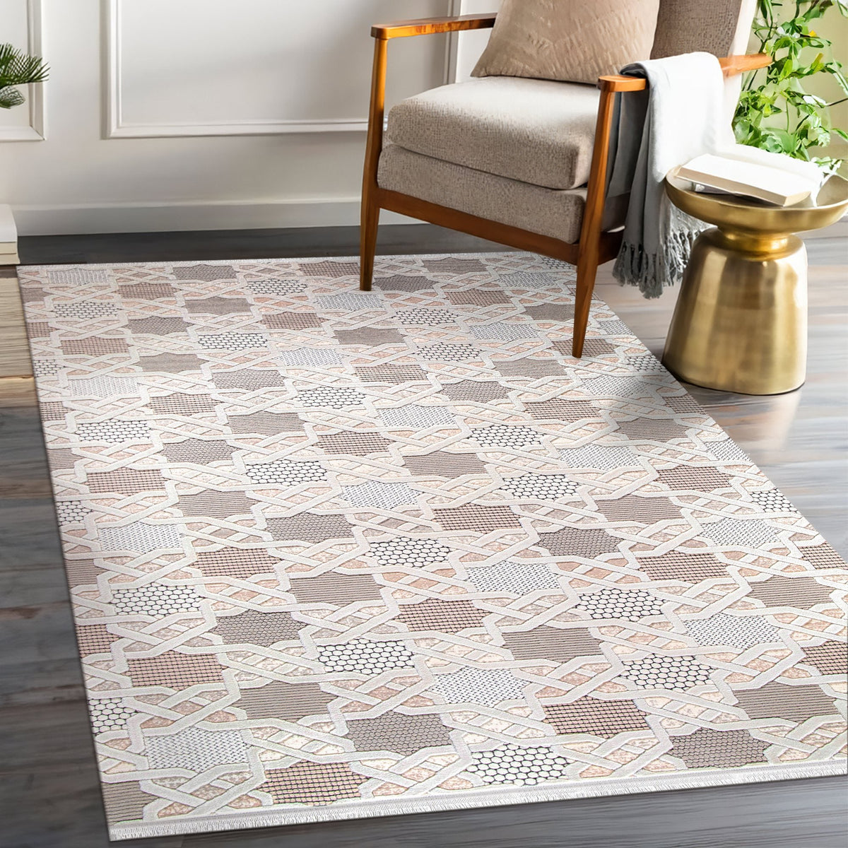 Ivory & Blush Moroccan Trellis Area Rug in a bright living room