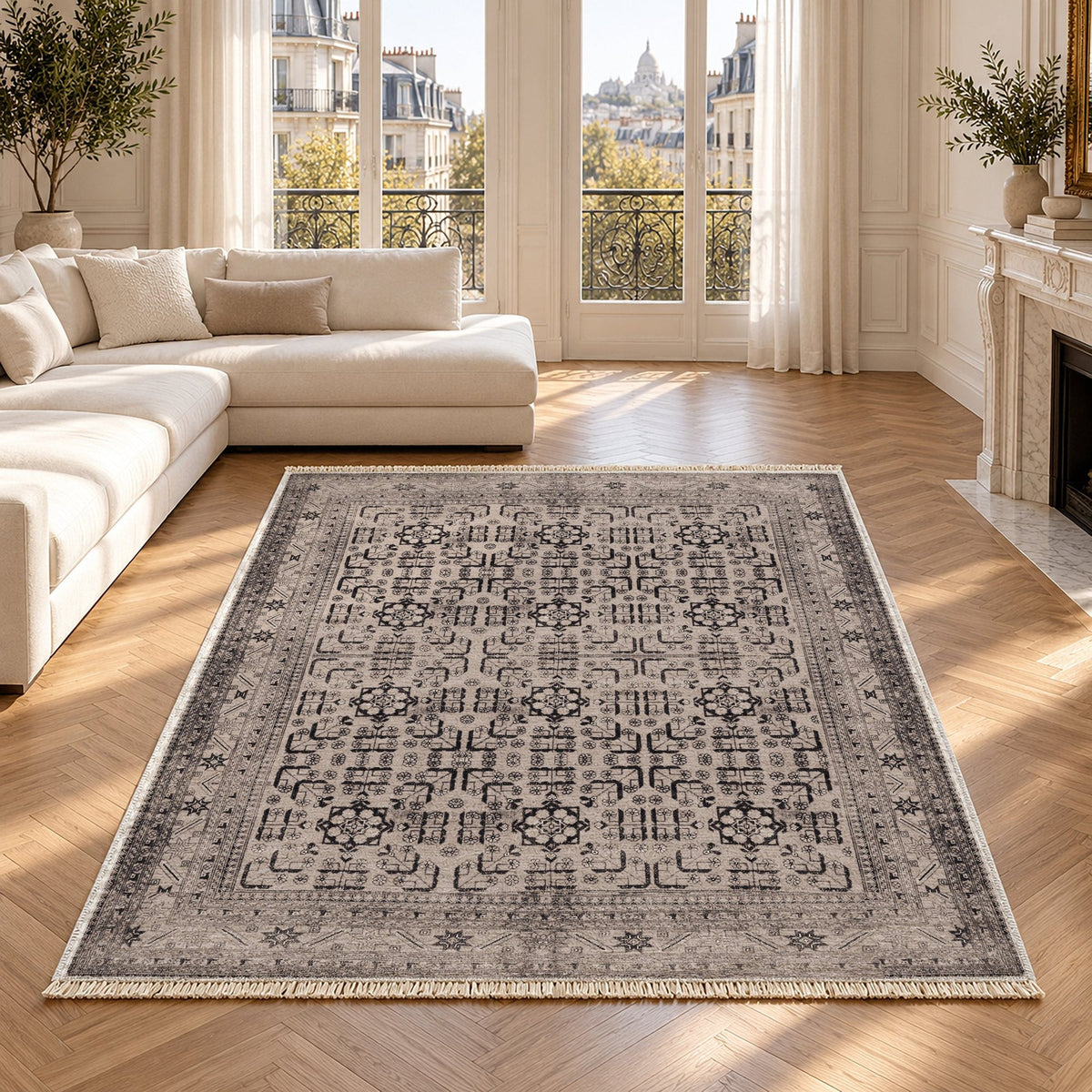 Khotan Lattice Taupe & Graphite Oriental Washable Rug in a bright living room