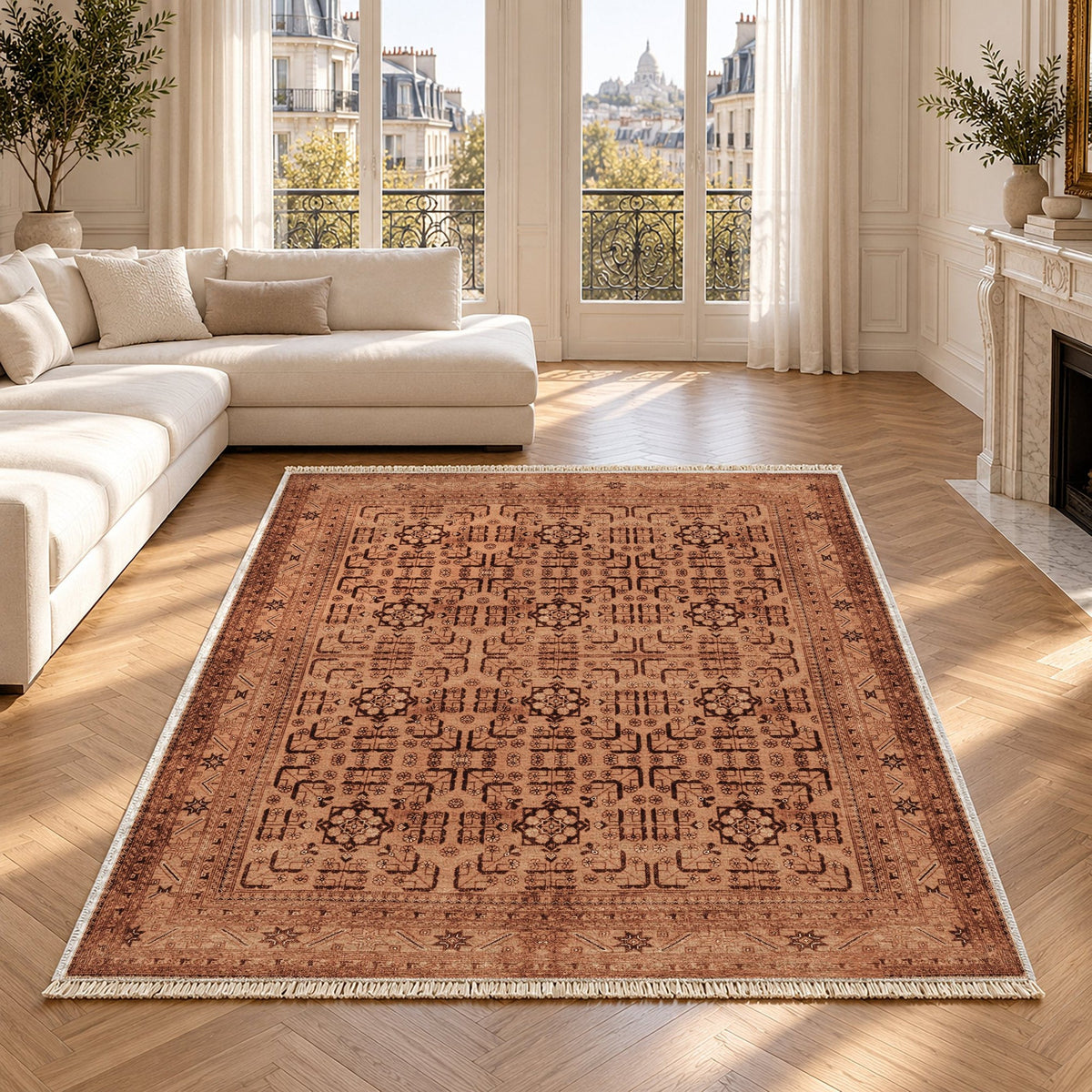 Khotan Lattice Terracotta & Espresso Oriental Washable Rug in a bright living room