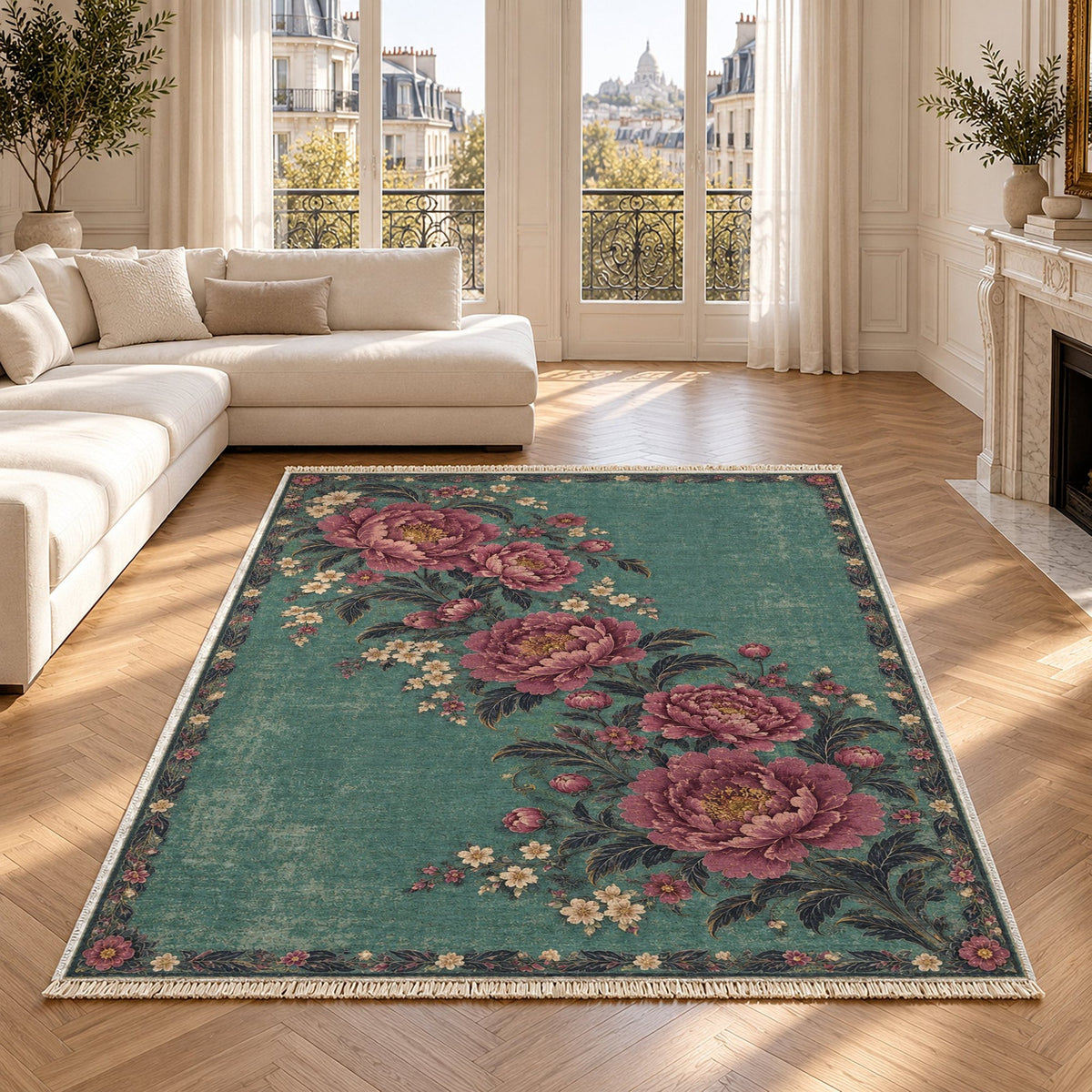Peony Waterfall Lagoon & Berry Distressed Washable Rug in a bright living room