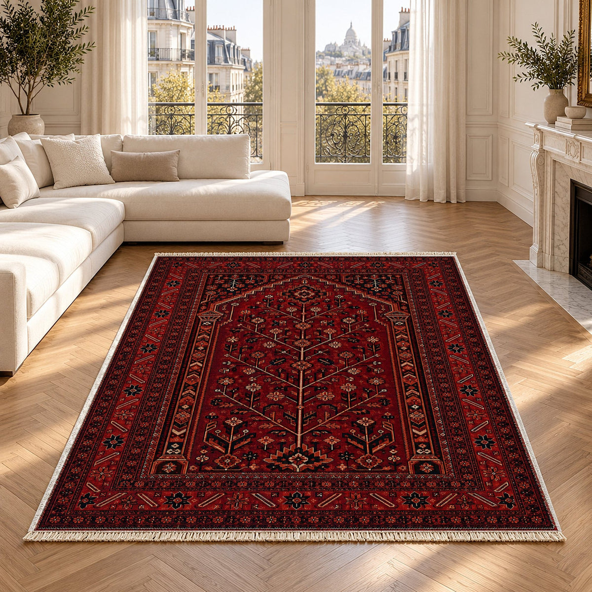 Prayer Arch Burgundy Afghan Washable Rug in a bright living room