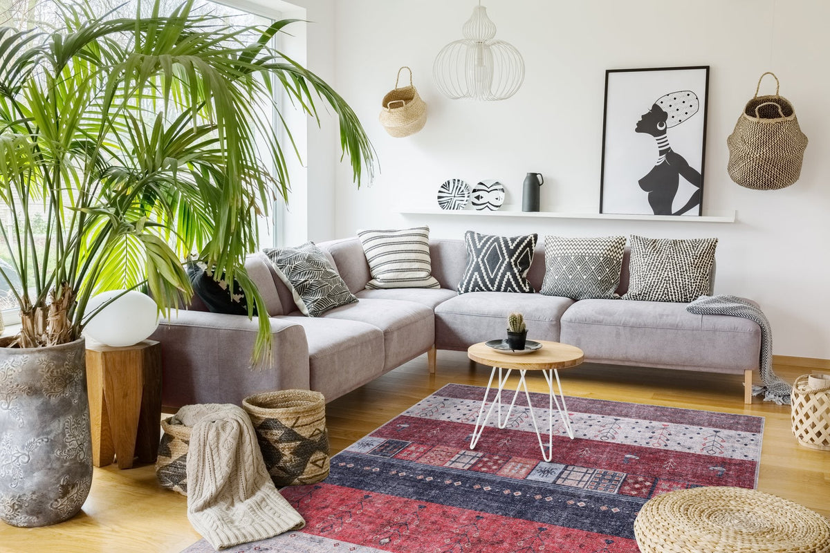 Red & Navy Gabbeh Patchwork Washable Rug in a bright living room