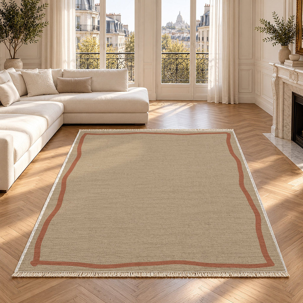 Ribbon Border Sand & Terracotta Bordered Washable Rug in a bright living room
