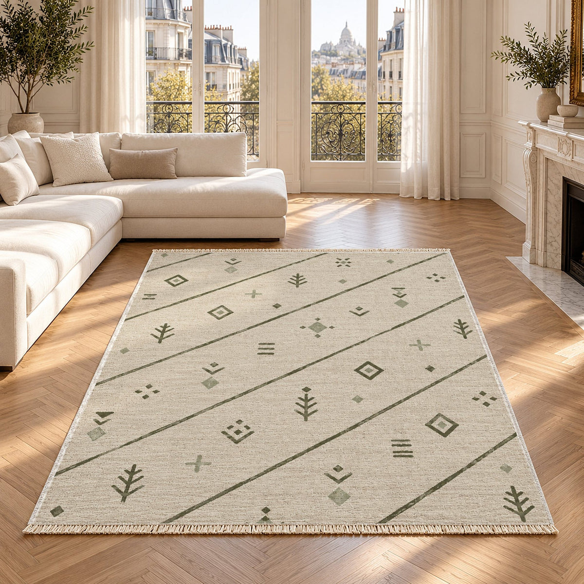 Sparse Symbols Ivory & Olive Berber Washable Rug in a bright living room