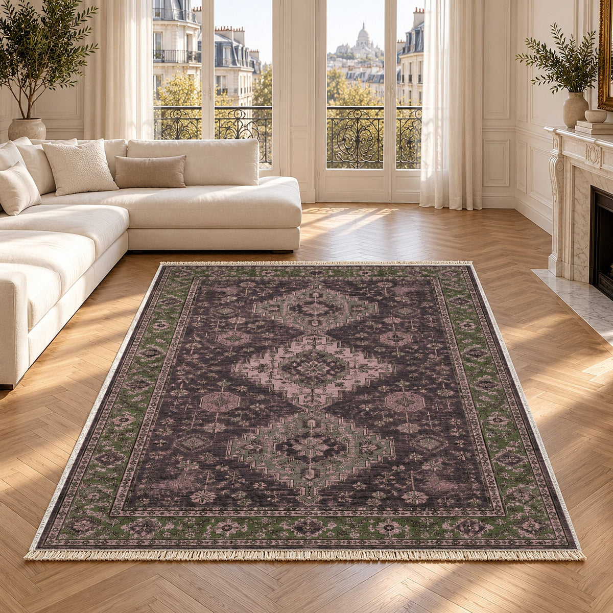 Stepped Medallion Rose & Olive Afghan Washable Rug in a bright living room