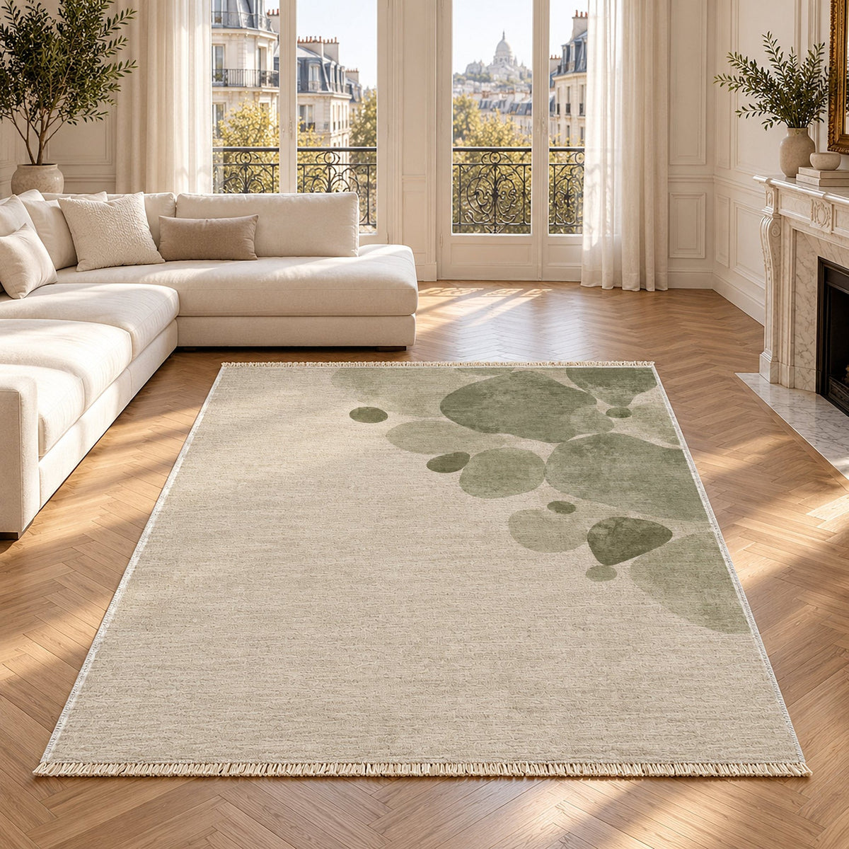 Stone Bloom Ivory & Sage Abstract Washable Rug in a bright living room