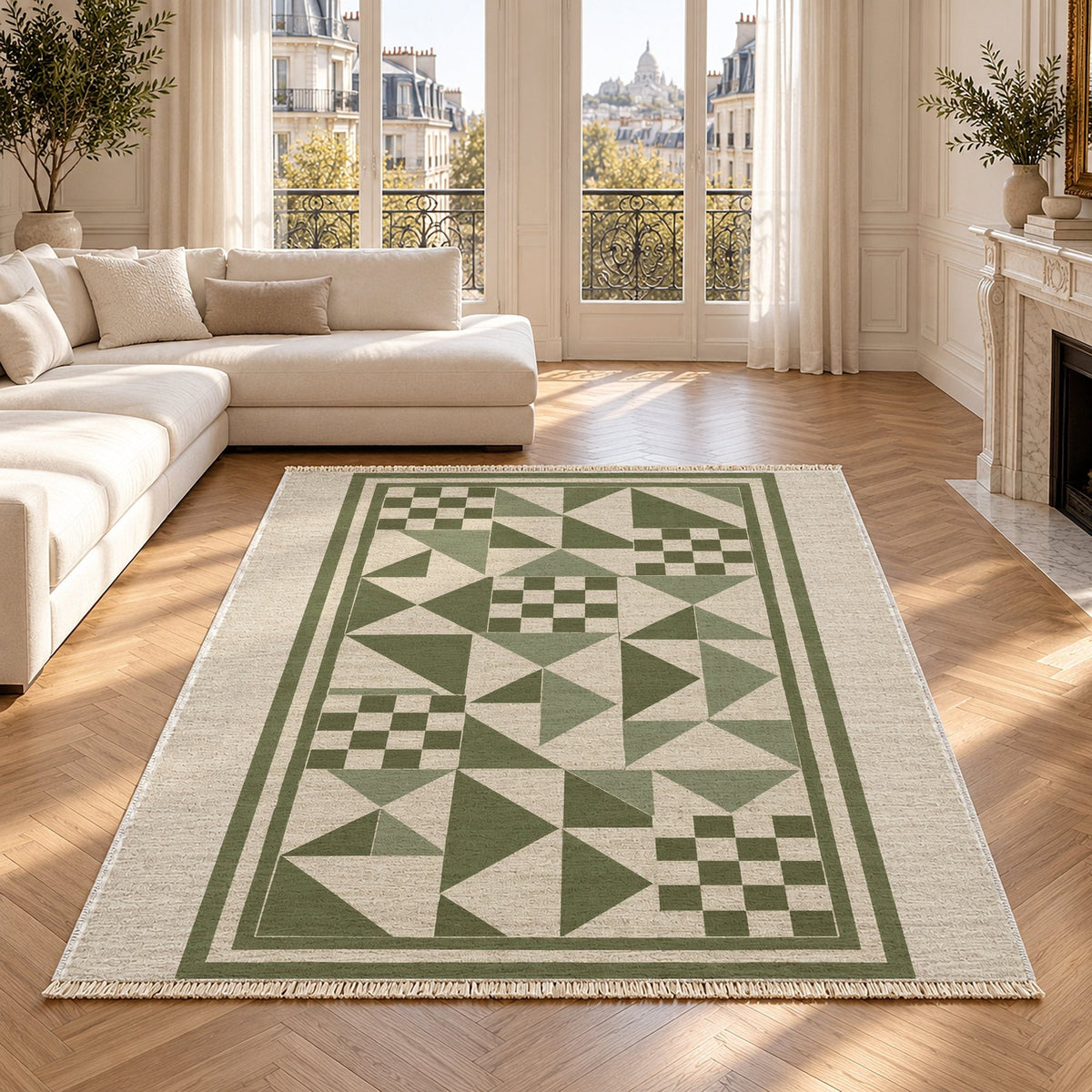 Sunwashed Mosaic Ivory & Olive Mediterranean Washable Rug in a bright living room
