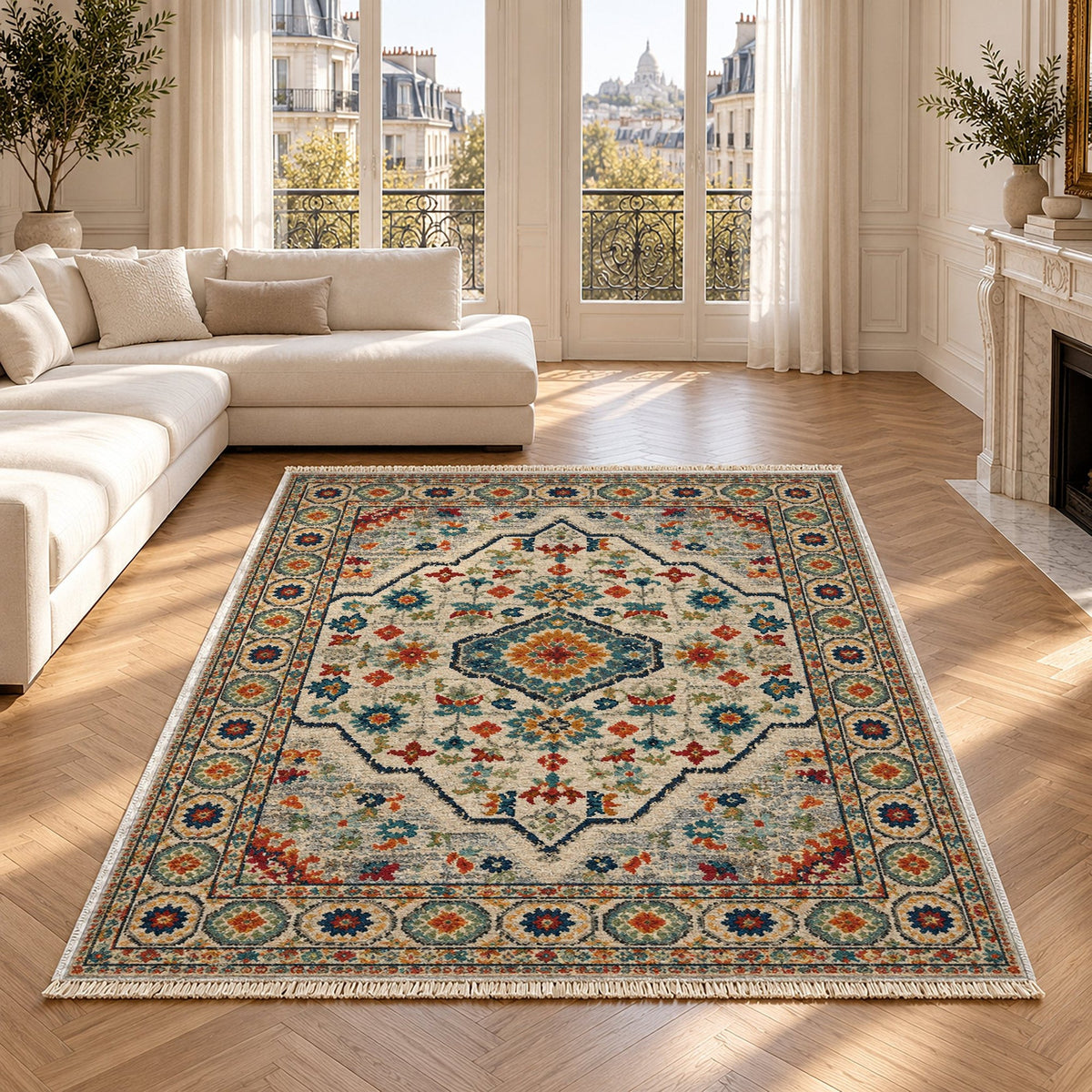Vintage Medallion 7655 Terracotta Washable Rug in a bright living room