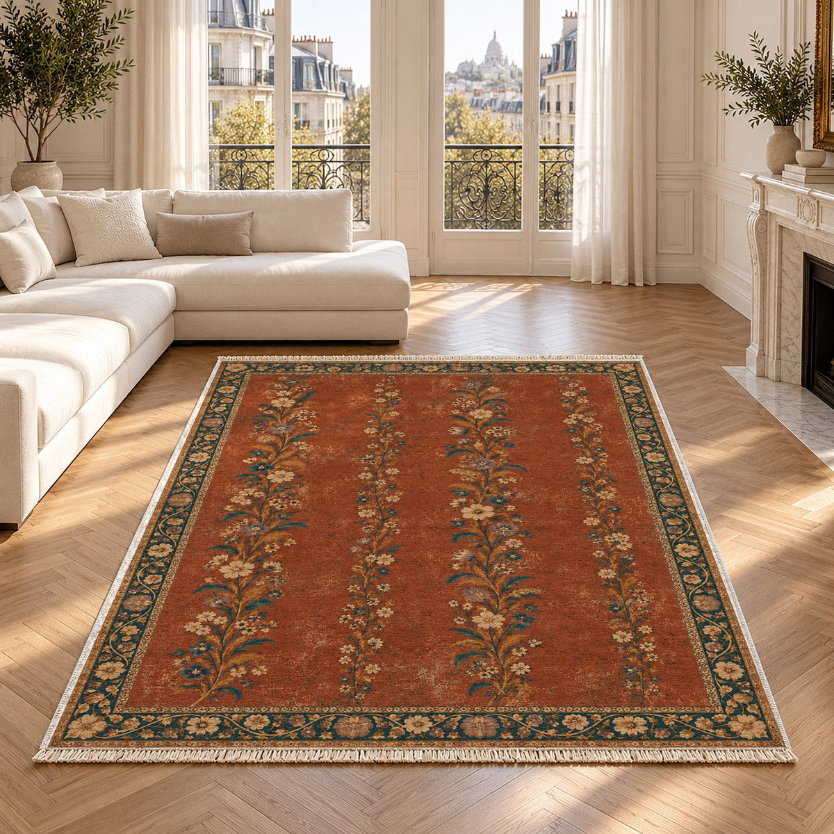 Wildflower Ribbons Brick & Petrol Distressed Washable Rug in a bright living room