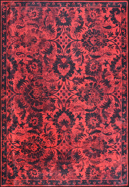 Rugs Depot RW1010 – Machine Washable Red Vintage Floral Rug | Damask-Inspired Oriental Carpet for Living Room, Bedroom & Dining