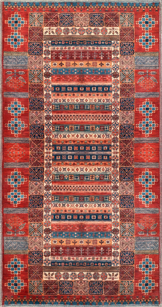 Rugs Depot NH1316 – Machine Washable Caucasian Tribal Rug | Multicolor Striped Oriental Carpet for Living Room & Bedroom