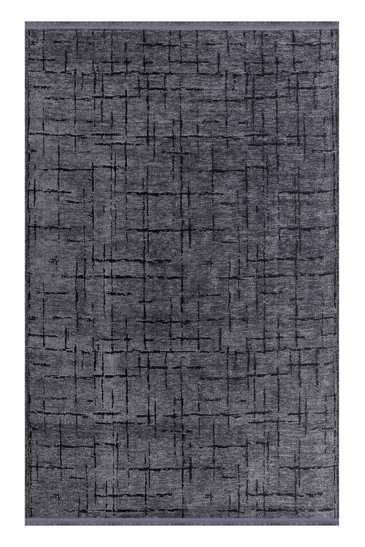 Gray area rug with black abstract pattern on a white background