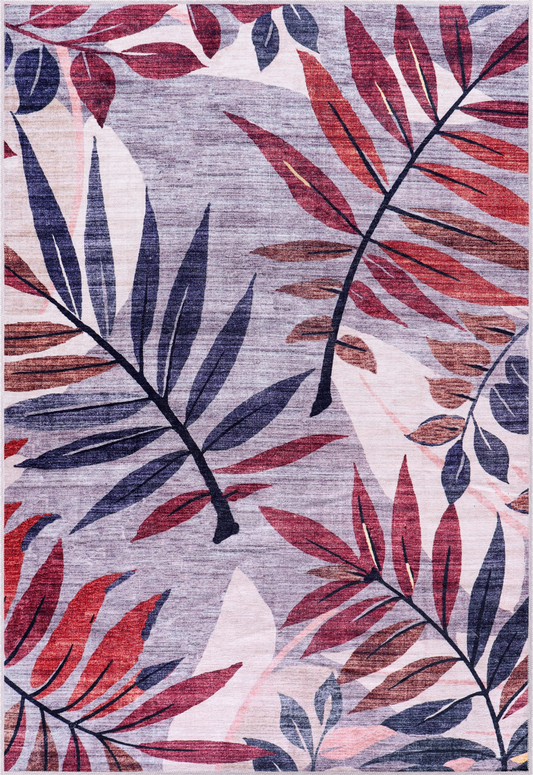 Rug with leaf pattern featuring red, blue, and white leaves on a gray background