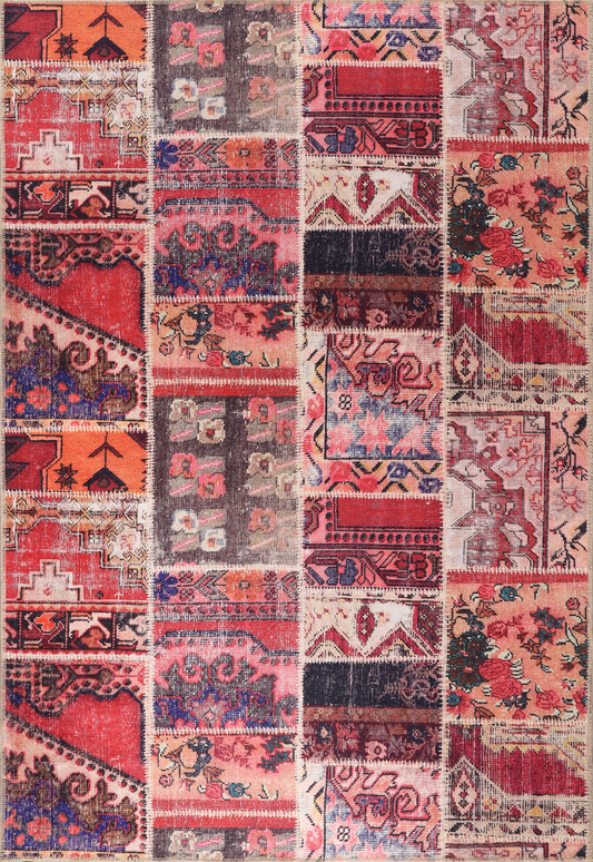 Multicolored patchwork rug with intricate patterns