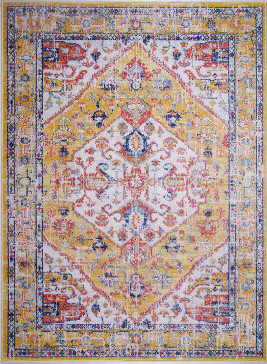 Decorative rug with a multicolored pattern on a white background