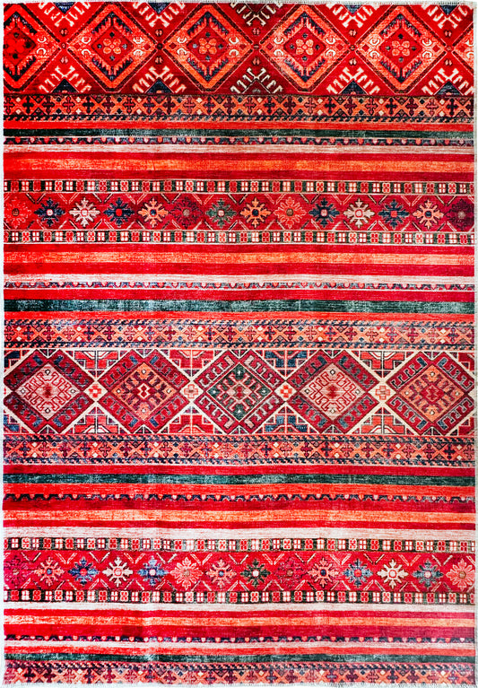 Rugs Depot 1322K – Machine Washable Red Tribal Kilim Rug | Multicolor Geometric Striped Carpet for Living Room, Bedroom & Dining