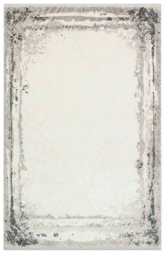 Rectangular area rug with a textured border on a plain background