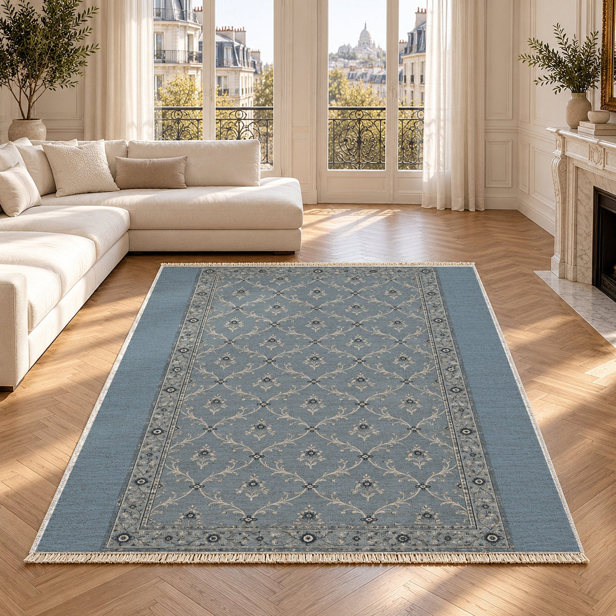 Antique Lattice Dusty Blue & Ivory Vintage Washable Rug in a bright living room