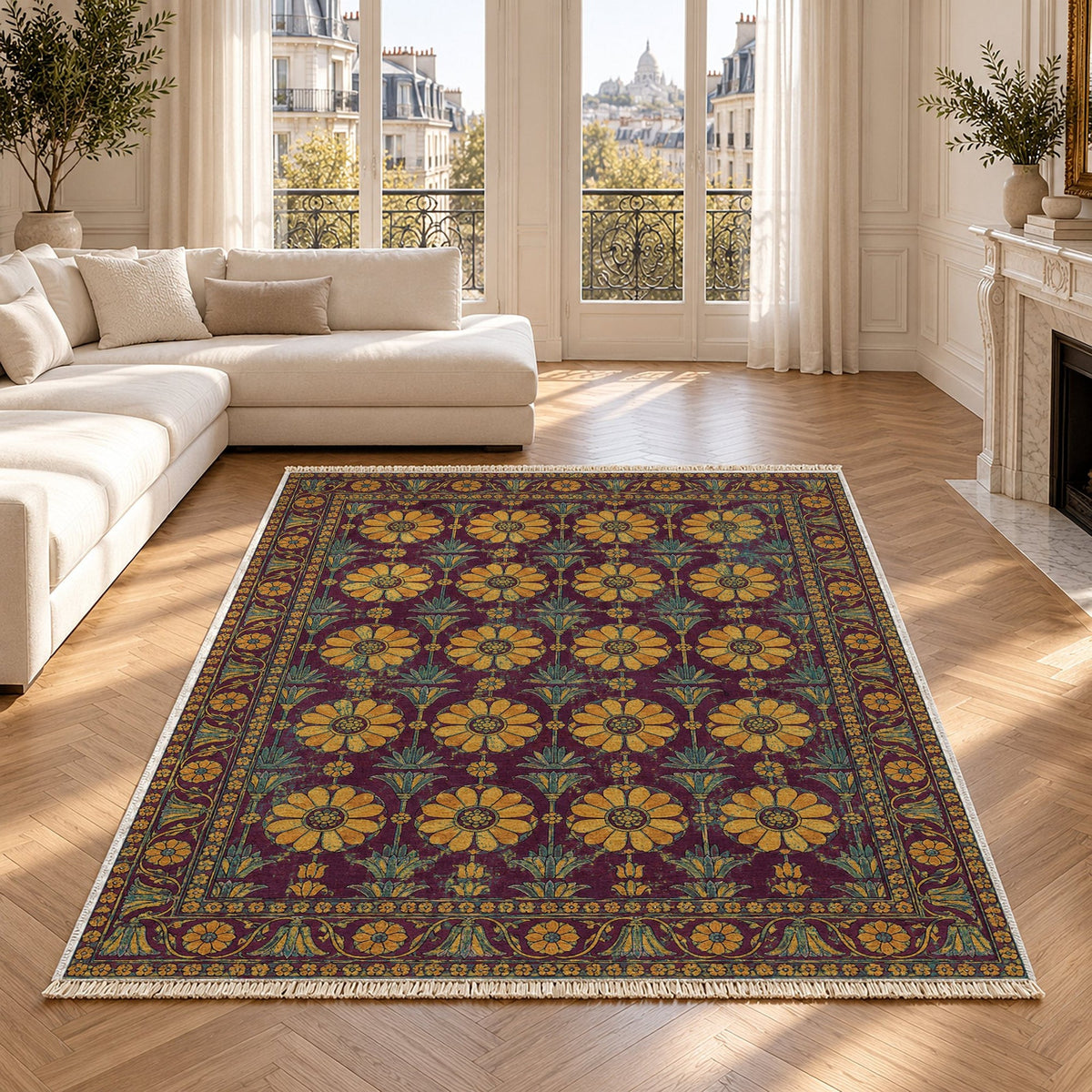 Apadana Rosettes Burgundy & Teal Persian Washable Rug in a bright living room