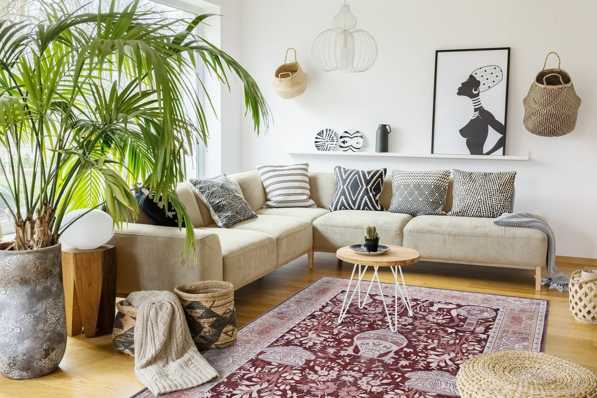 Burgundy & Blush Garden Floral Washable Rug in a bright living room