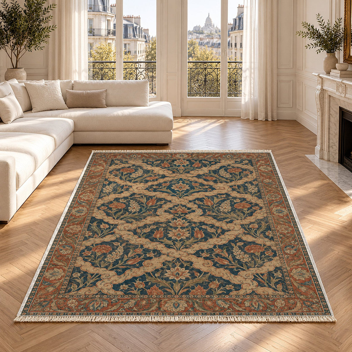 Cloud Ribbon Indigo & Rust Ottoman Washable Rug in a bright living room