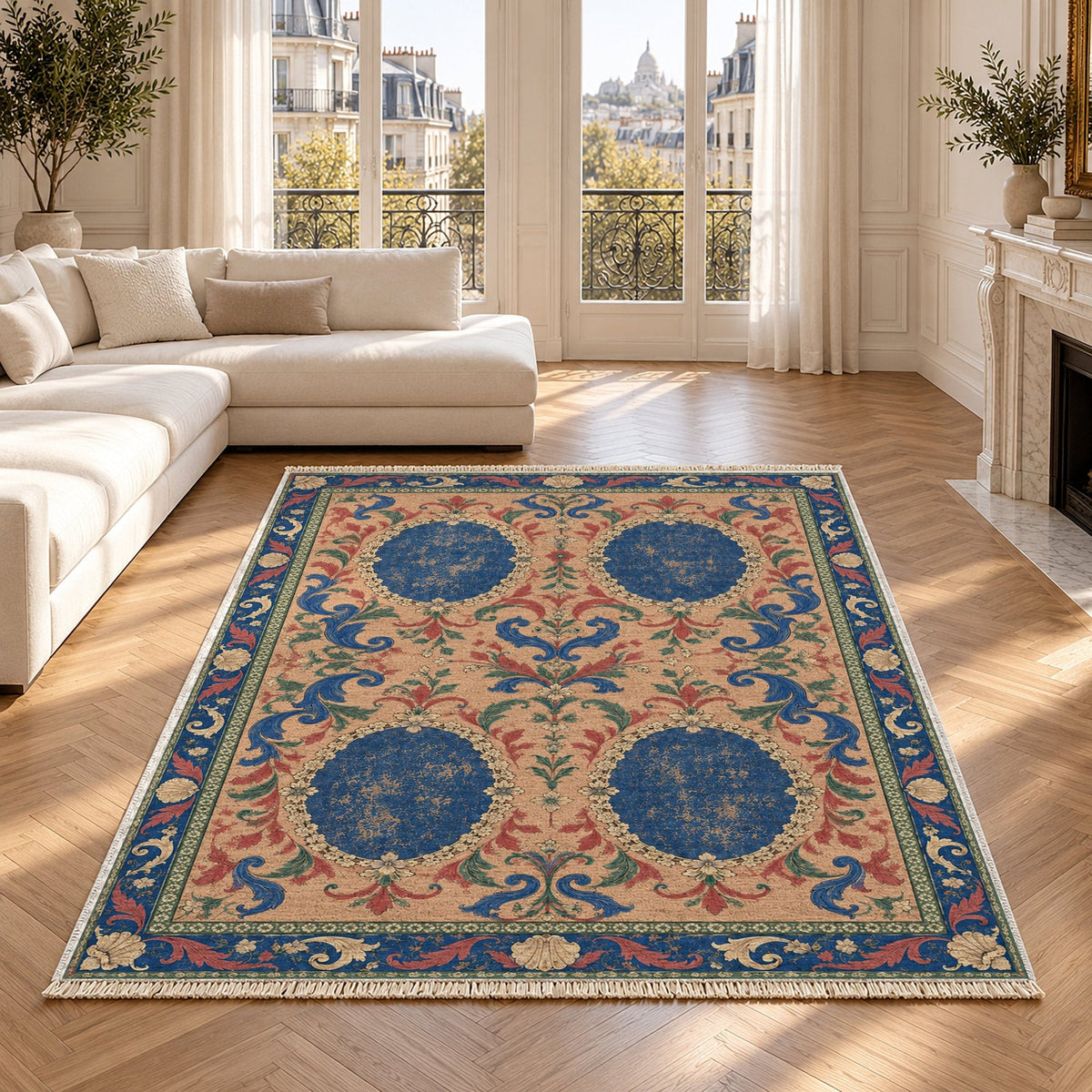 Faded Cameo Silhouettes Peach, Cobalt & Jade Distressed Washable Rug in a bright living room