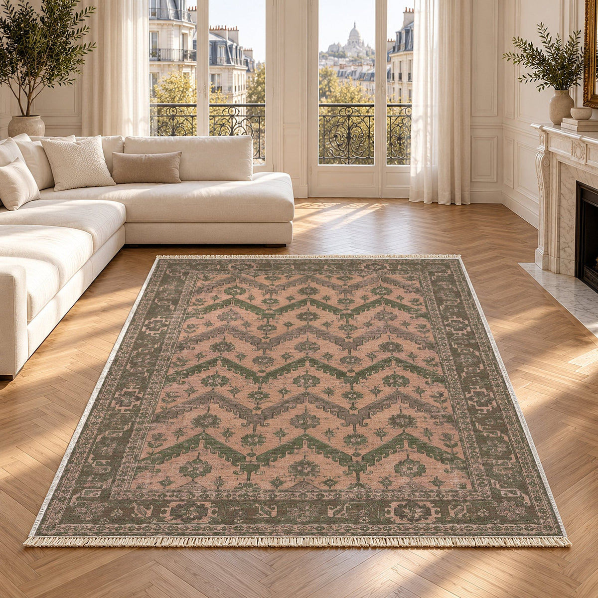 Hooked Chevron Rose & Olive Seljuk Washable Rug in a bright living room