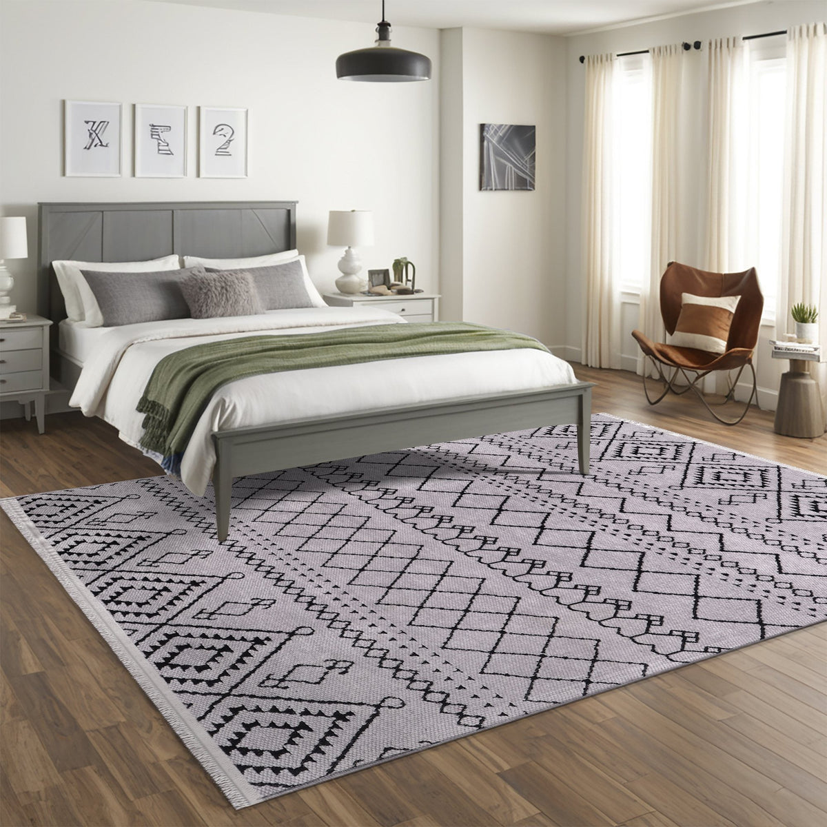 Light Grey Berber Diamond Washable Rug in a bright living room