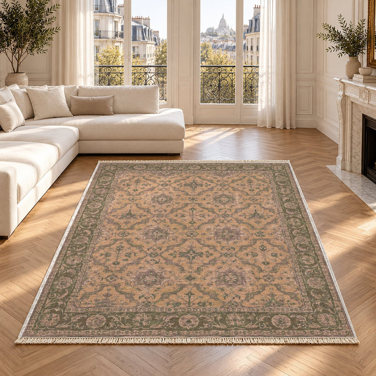 Lotto Lattice Rose & Olive Ushak Washable Rug in a bright living room