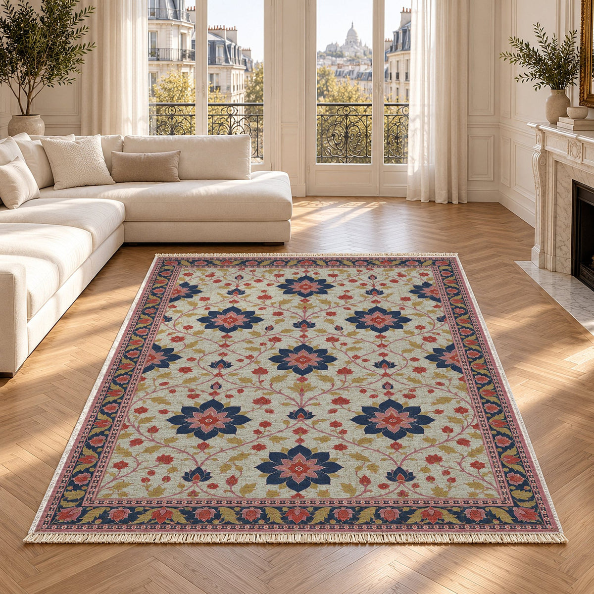 Lotus Rosette Net Glacier, Ink & Vermilion Distressed Washable Rug in a bright living room
