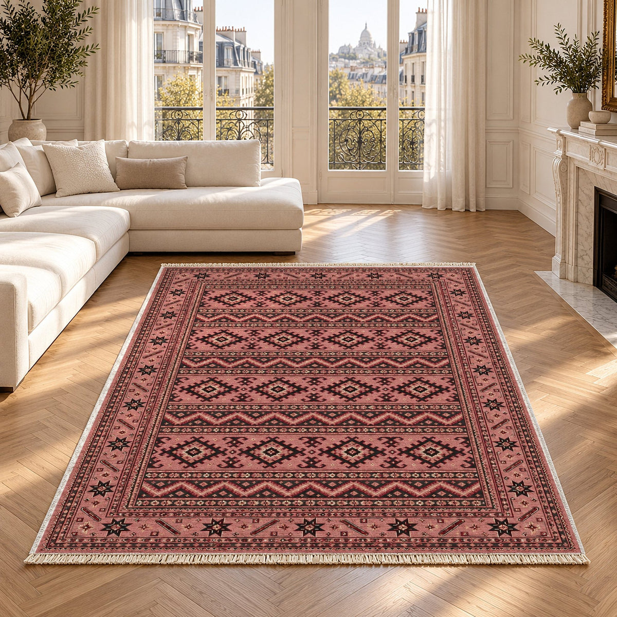 Maimana Kilim Faded Pink Afghan Washable Rug in a bright living room