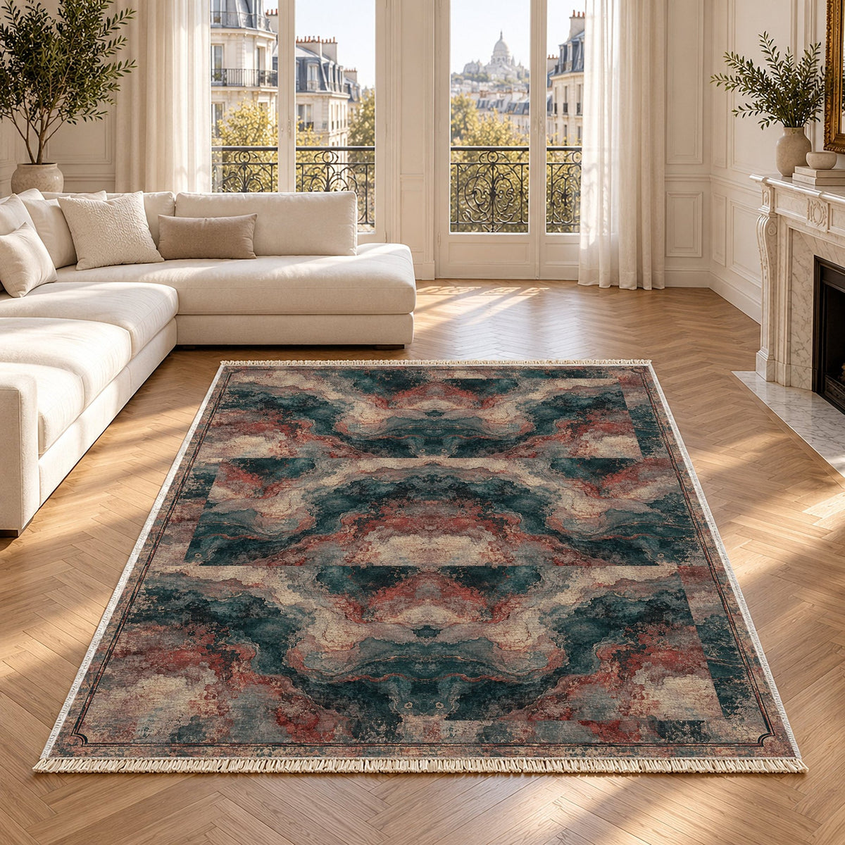 Marble Nocturne Rose & Mineral Distressed Washable Rug in a bright living room