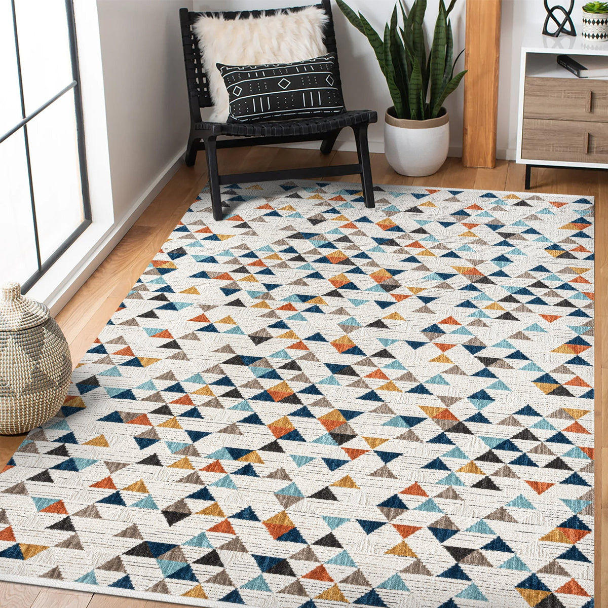 Multicolour Triangle Mosaic Area Rug in a bright living room