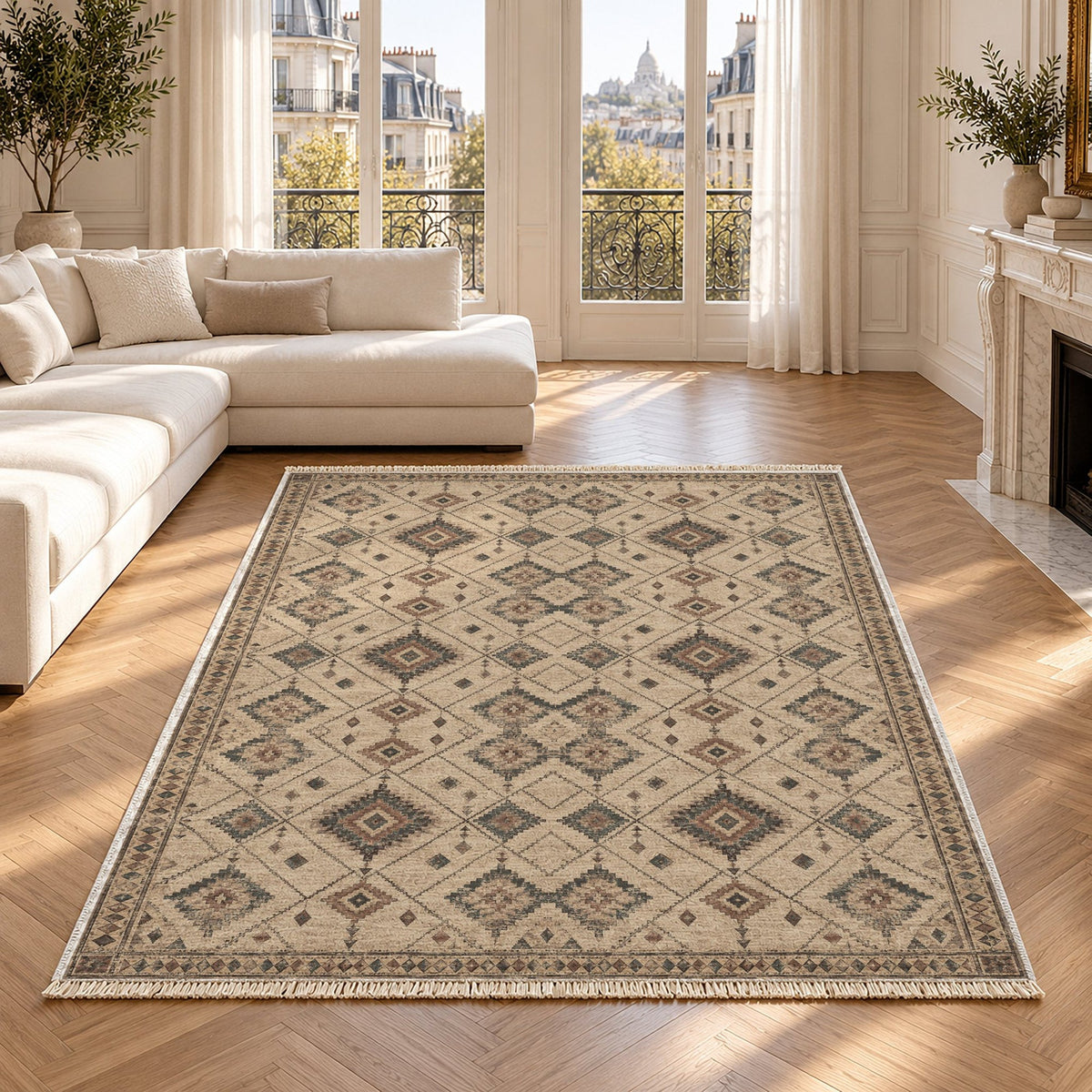 Nomad Lattice Quiet Neutral Distressed Washable Rug in a bright living room
