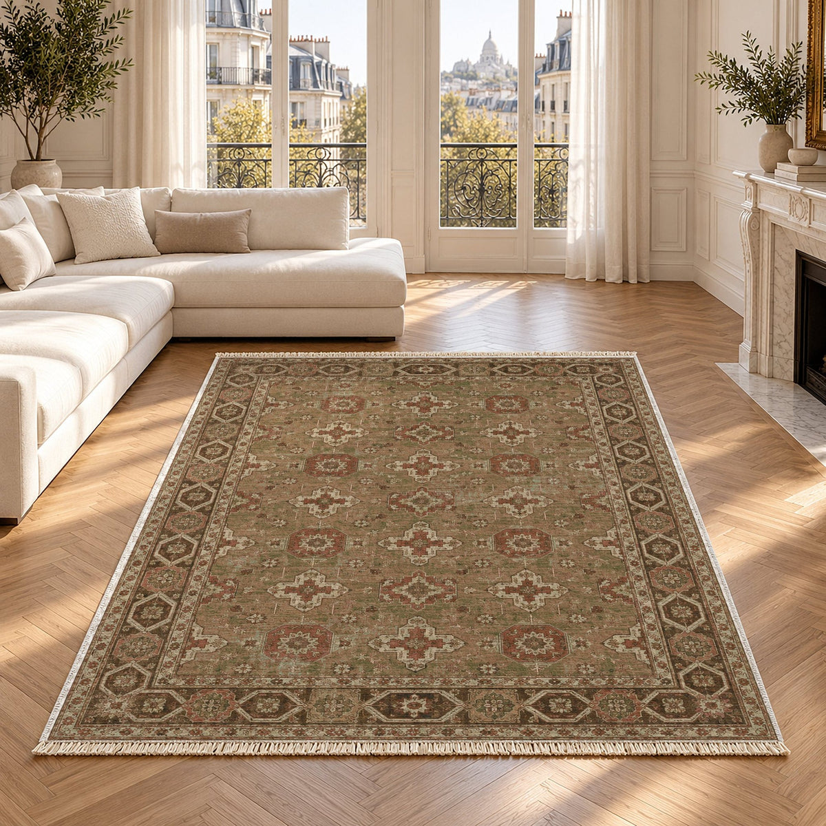Polygon Rosettes Clay & Sage Seljuk Washable Rug in a bright living room