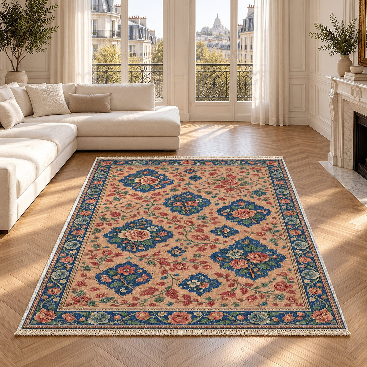 Rose Petal Mosaic Peach, Cobalt & Jade Distressed Washable Rug in a bright living room
