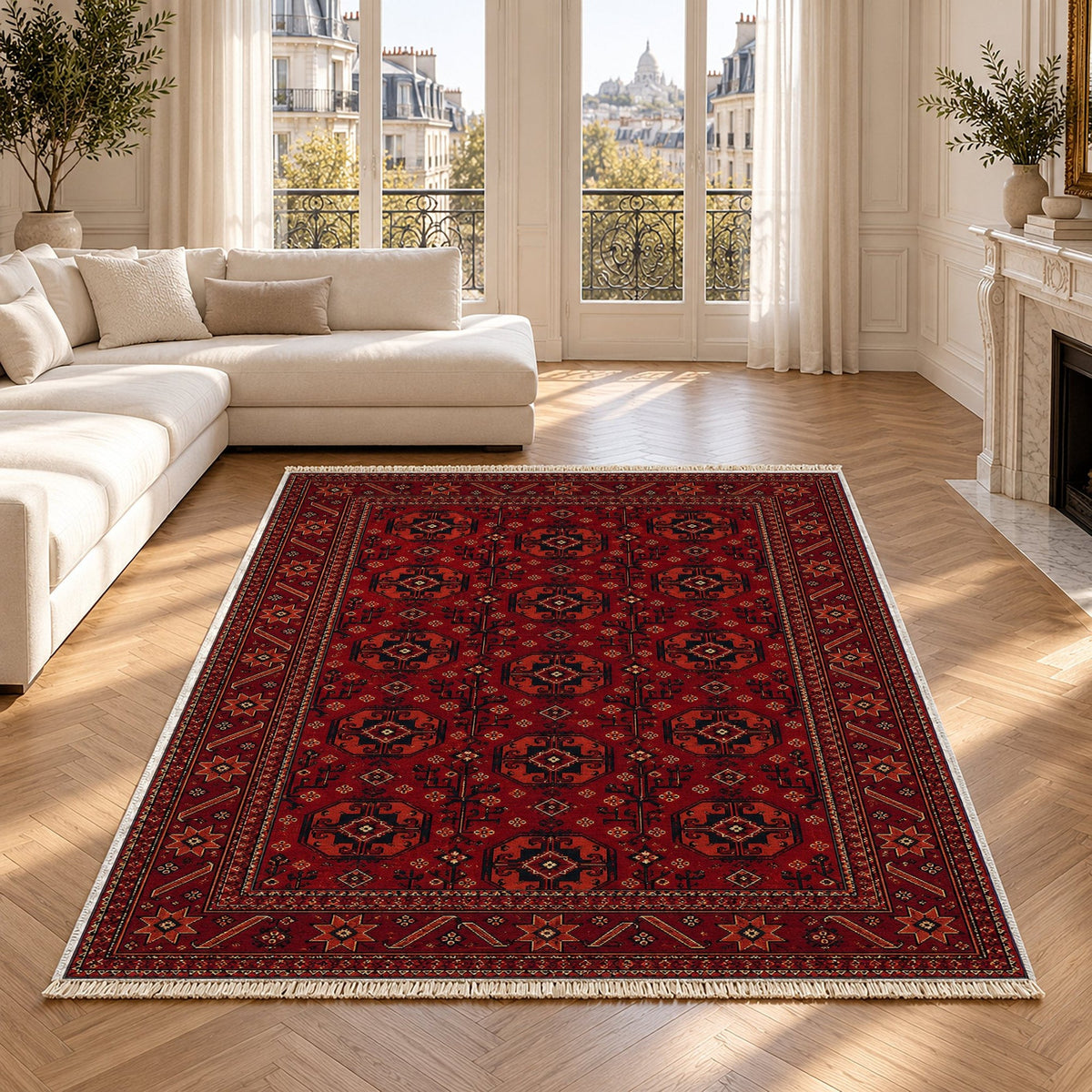 Tekke Gul Burgundy Afghan Washable Rug in a bright living room