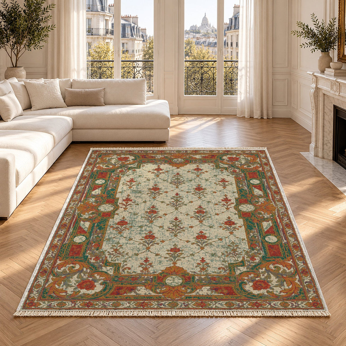 Terrace Mosaic Emerald & Terracotta Baroque Washable Rug in a bright living room