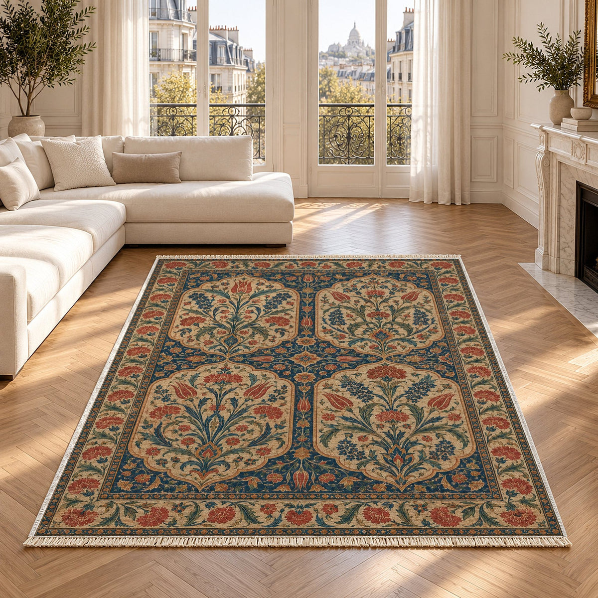 Tile Pavilion Indigo & Rust Ottoman Washable Rug in a bright living room