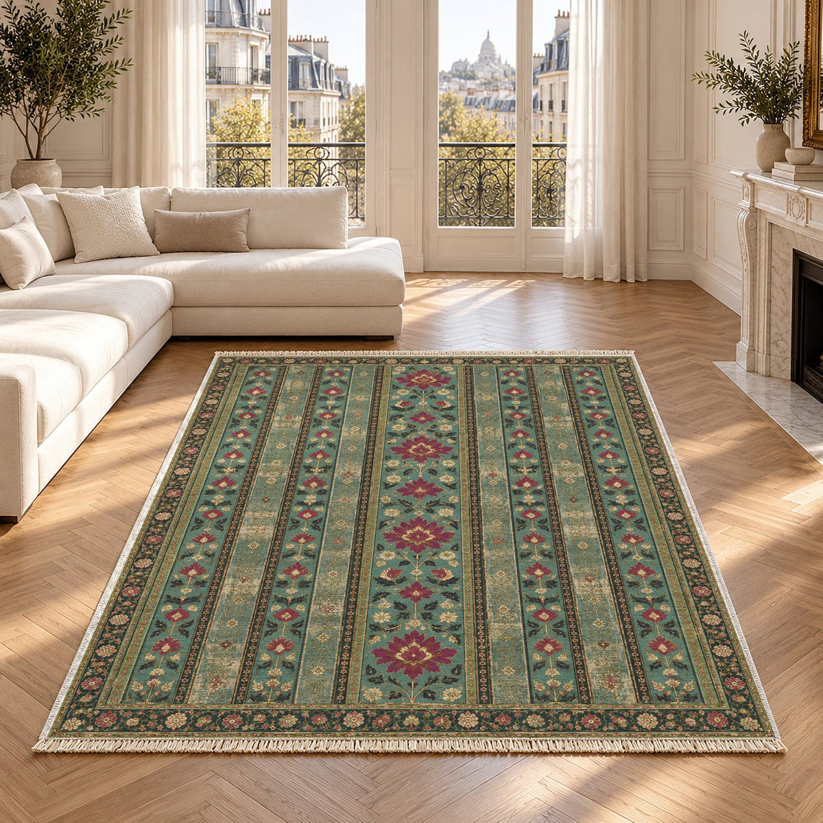 Timeworn Floral Stripe Lagoon & Berry Distressed Washable Rug in a bright living room