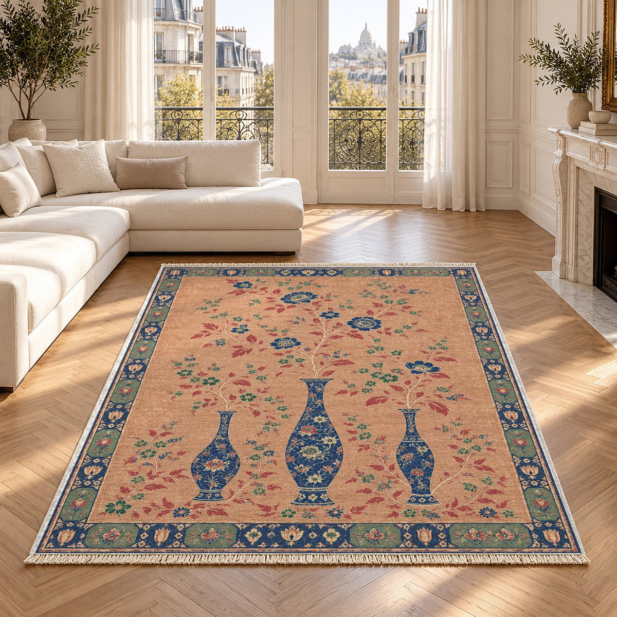 Vase Silhouette Echo Peach, Cobalt & Jade Distressed Washable Rug in a bright living room