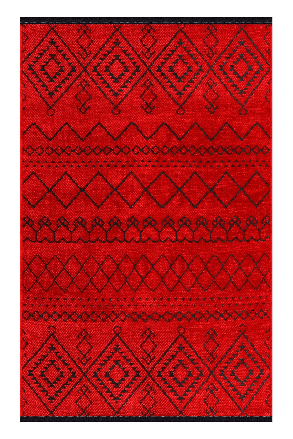 Red rug with black geometric pattern on a white background