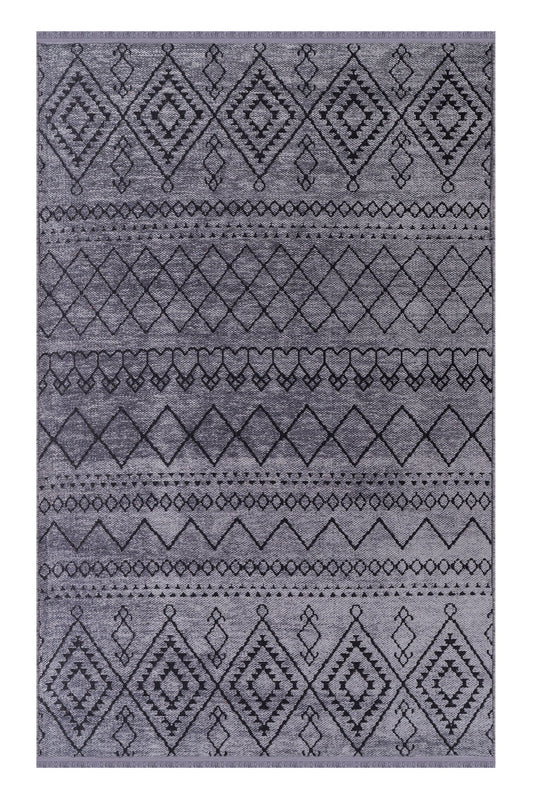 Gray area rug with geometric pattern on a white background