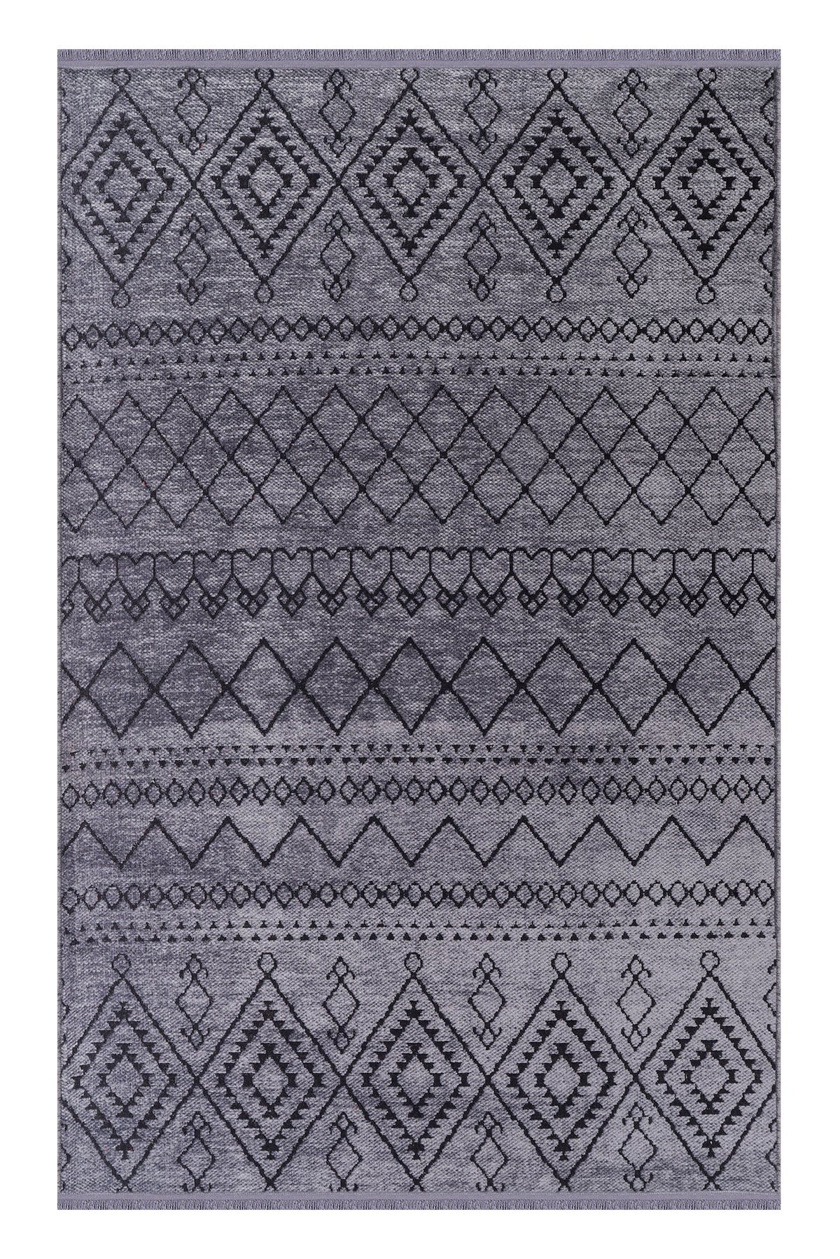 Gray area rug with geometric pattern on a white background