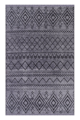 Gray area rug with geometric pattern on a white background